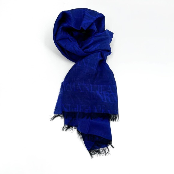Armani Jeans Scarf Navy Blue Logo Fringe Virgin Wool Made in Italy Mens NWT - Picture 2 of 7